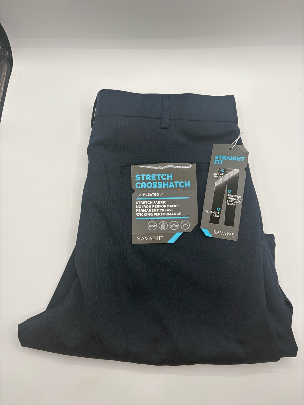 NWT Savane Dress Pants Mens 34x30 Navy Stretch Crosshatch Pleated